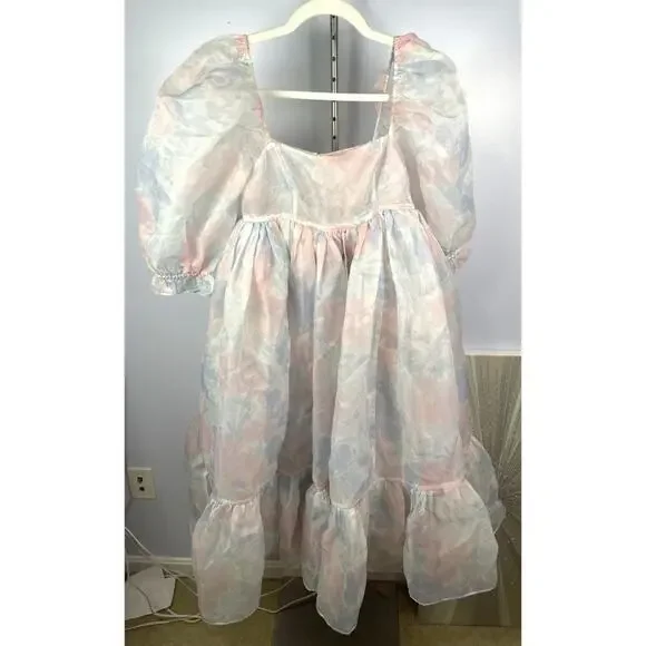 SELKIE French Puff Tulle Organza Floral Midi Dress in Watercolor Size XS - Picture 4 of 9